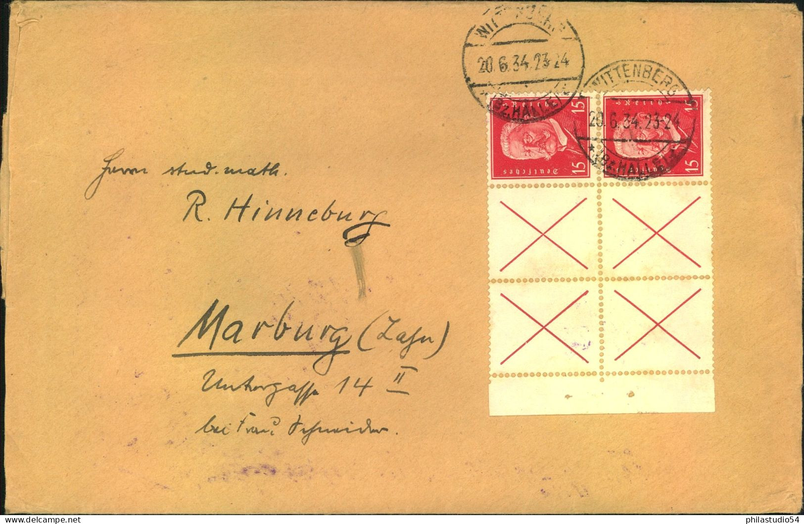 1934, Fernbrief Ab WITTENBERG Mit Zdr. "15 Pf. Hindenburg / X X" Im Senkrechten Paar - Briefe U. Dokumente