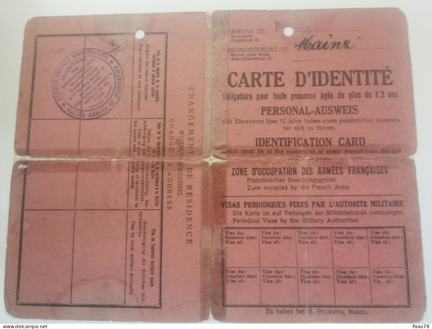Carte D'identité, Zone Occupation Des Armées Françaises, Mainz - War Stamps