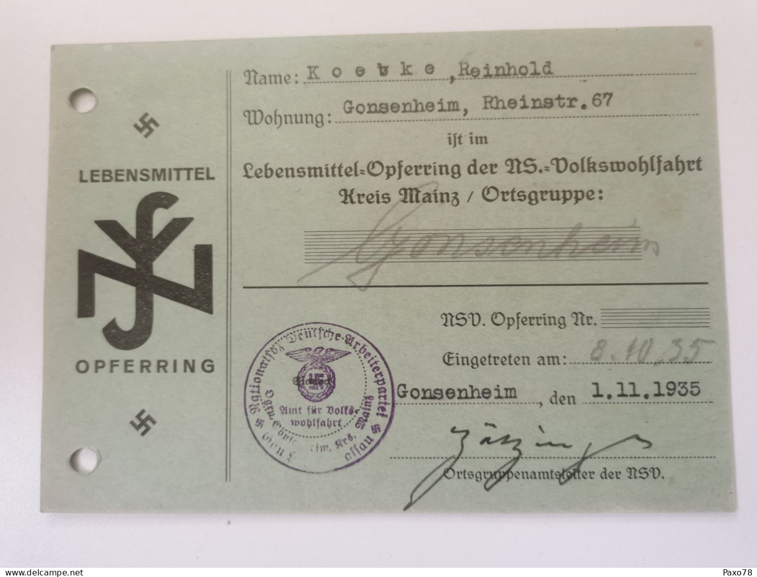 Lebensmittel Opferring, Gonsenheim 1935 - Brieven En Documenten
