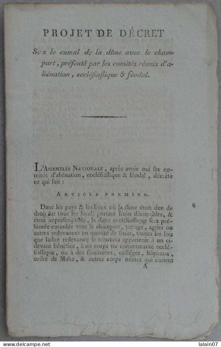 Projet De DECRET Sur Le Cumul De La Dîme Avec Le Champart, 1791 - Decreti & Leggi