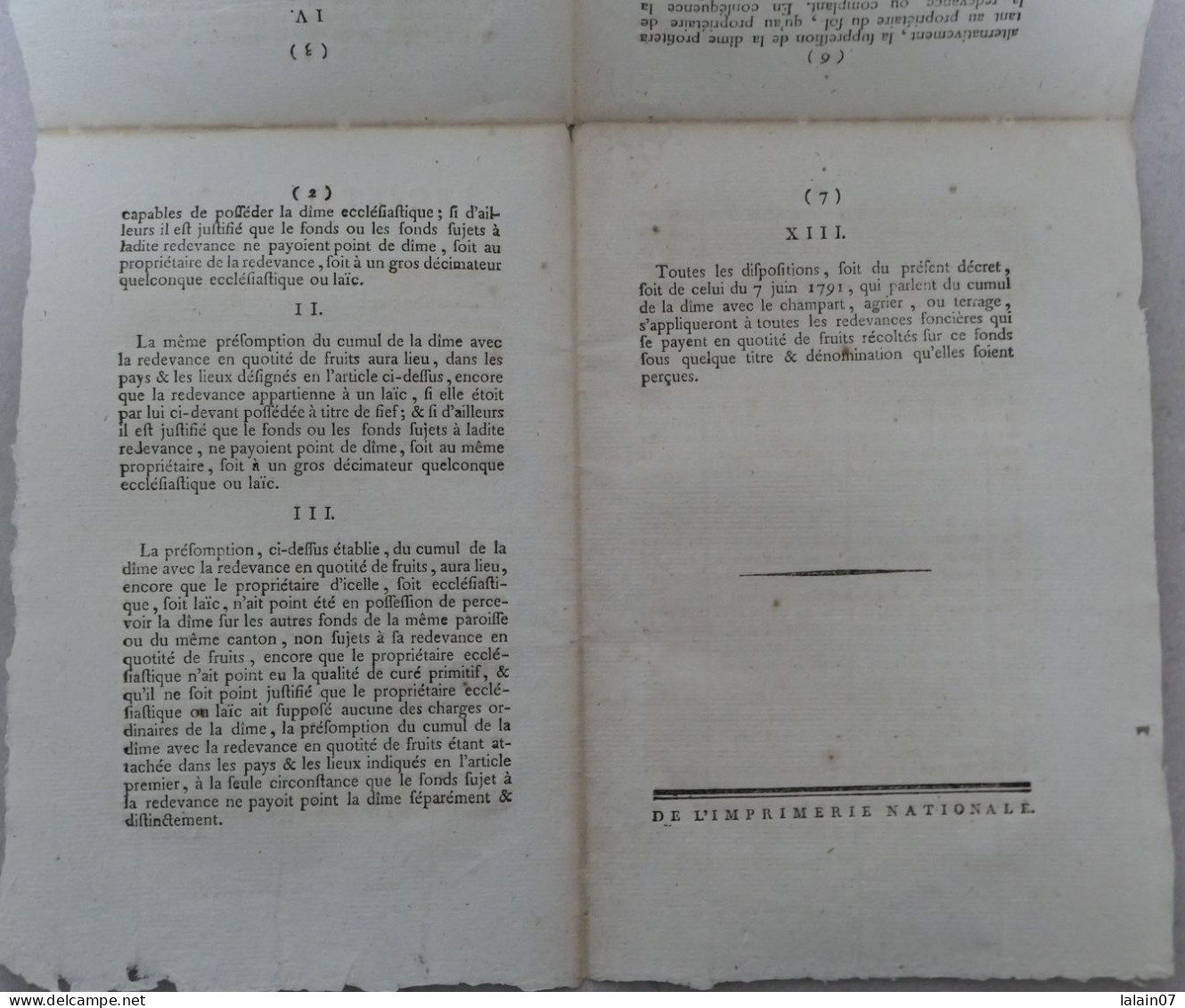 Projet De DECRET Sur Le Cumul De La Dîme Avec Le Champart, 1791 - Decreti & Leggi