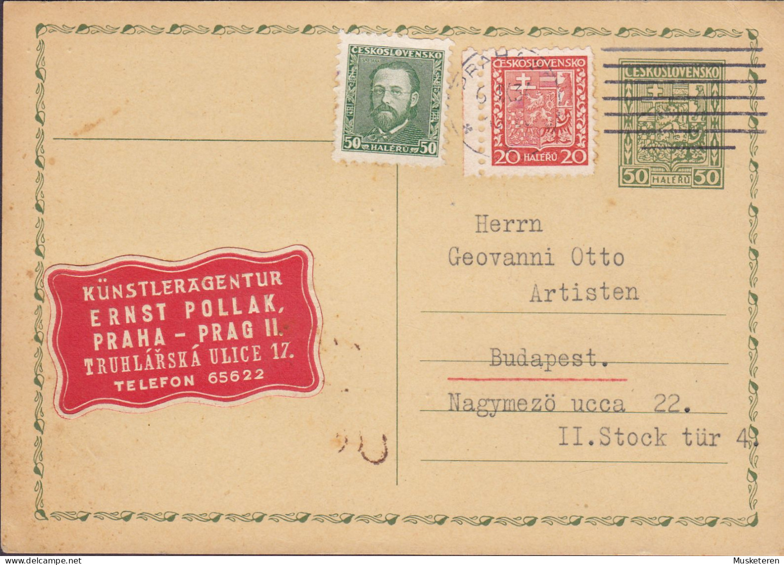 Czechoslovakia Uprated Postal Stationery Ganzsache Künstleragentur ERNST POLLAK Vignettes PRAHA Prag 1934 BUDAPEST - Postcards