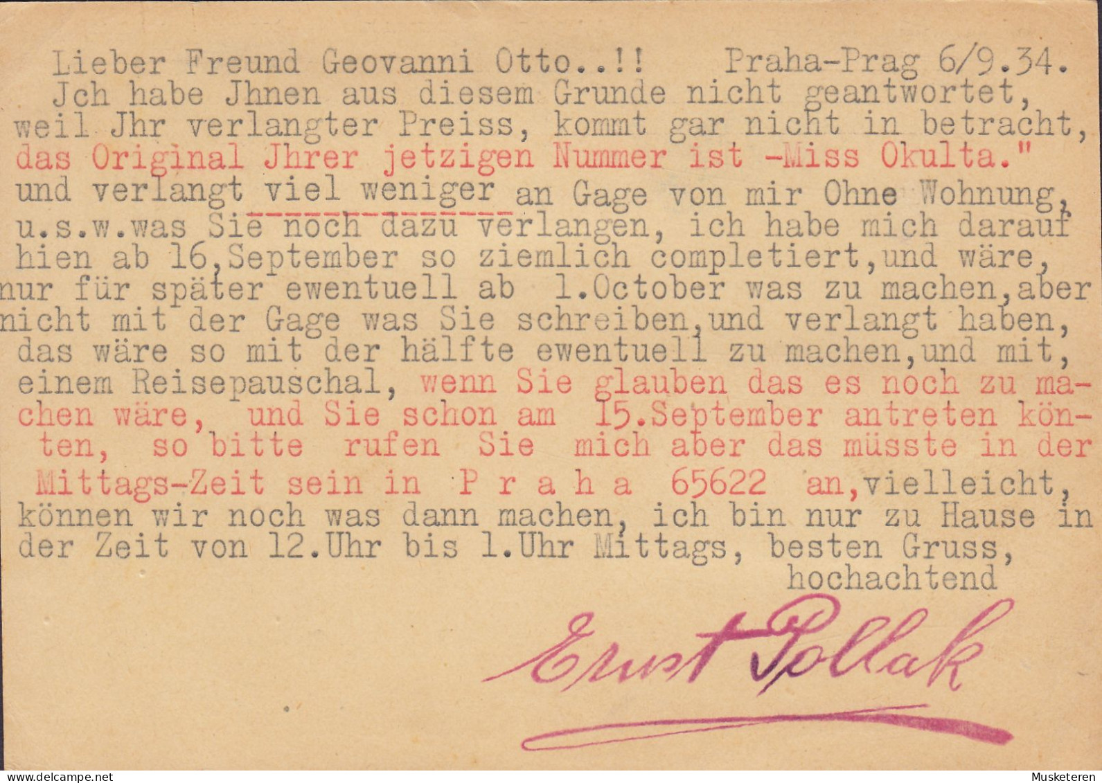 Czechoslovakia Uprated Postal Stationery Ganzsache Künstleragentur ERNST POLLAK Vignettes PRAHA Prag 1934 BUDAPEST - Postcards