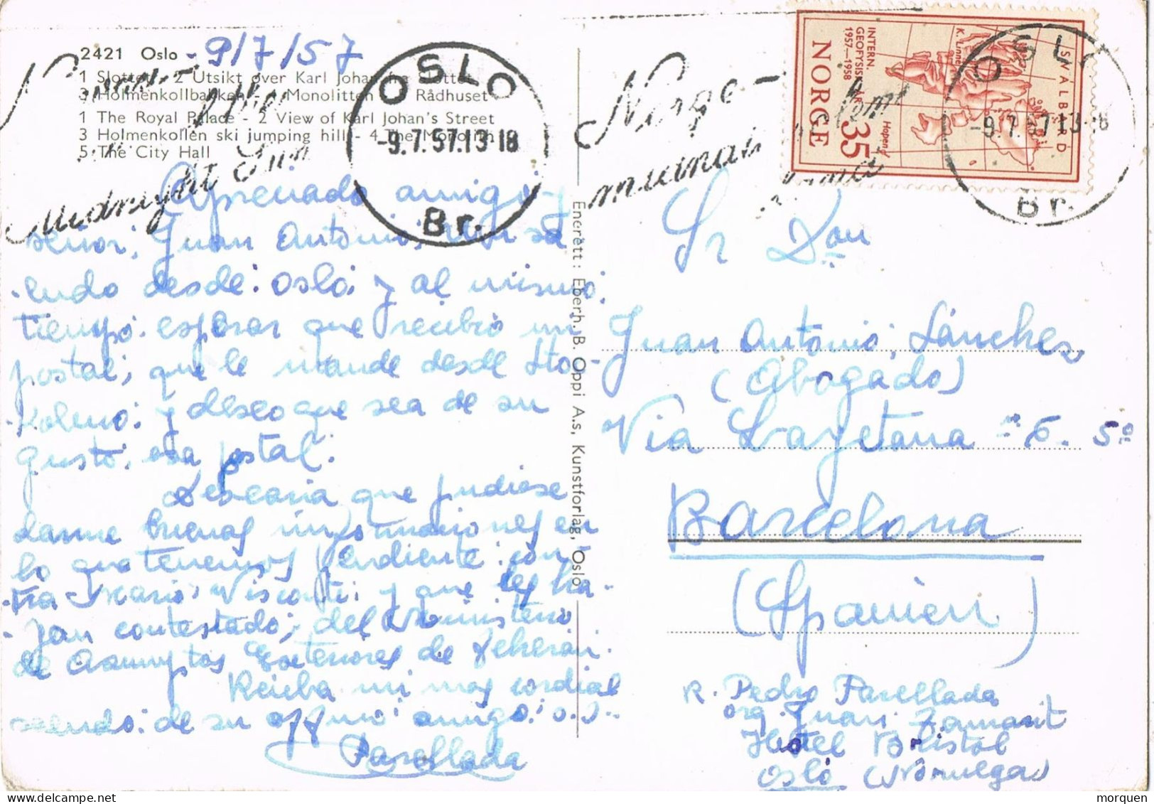 51169. Postal OSLO (Noruega) 1957. Rodillo Turistico. Vistas Varias, Palacio, Ski Jumping, City Hall - Cartas & Documentos