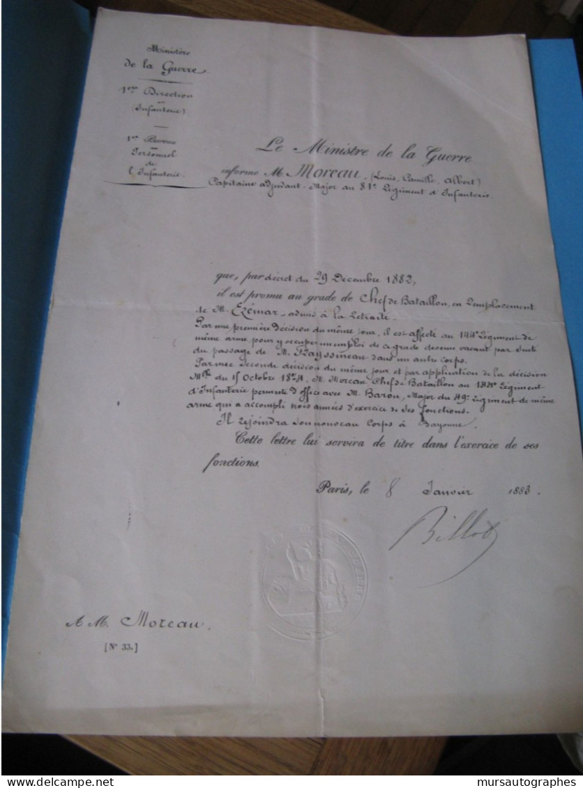 LETTRE SIGNEE DE JEAN-BAPTISTE BILLOT 1883 MILITAIRE MINISTRE GUERRE DREYFUS DEPUTE CORREZE - Personnages Historiques