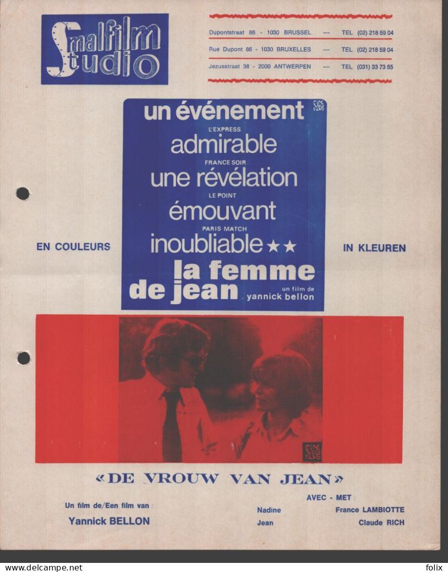 La Femme De Jean - Yannick Bellon - A4 Smalfilm Studio Promotional Poster / Affiche With Synopsis - Affiches & Posters