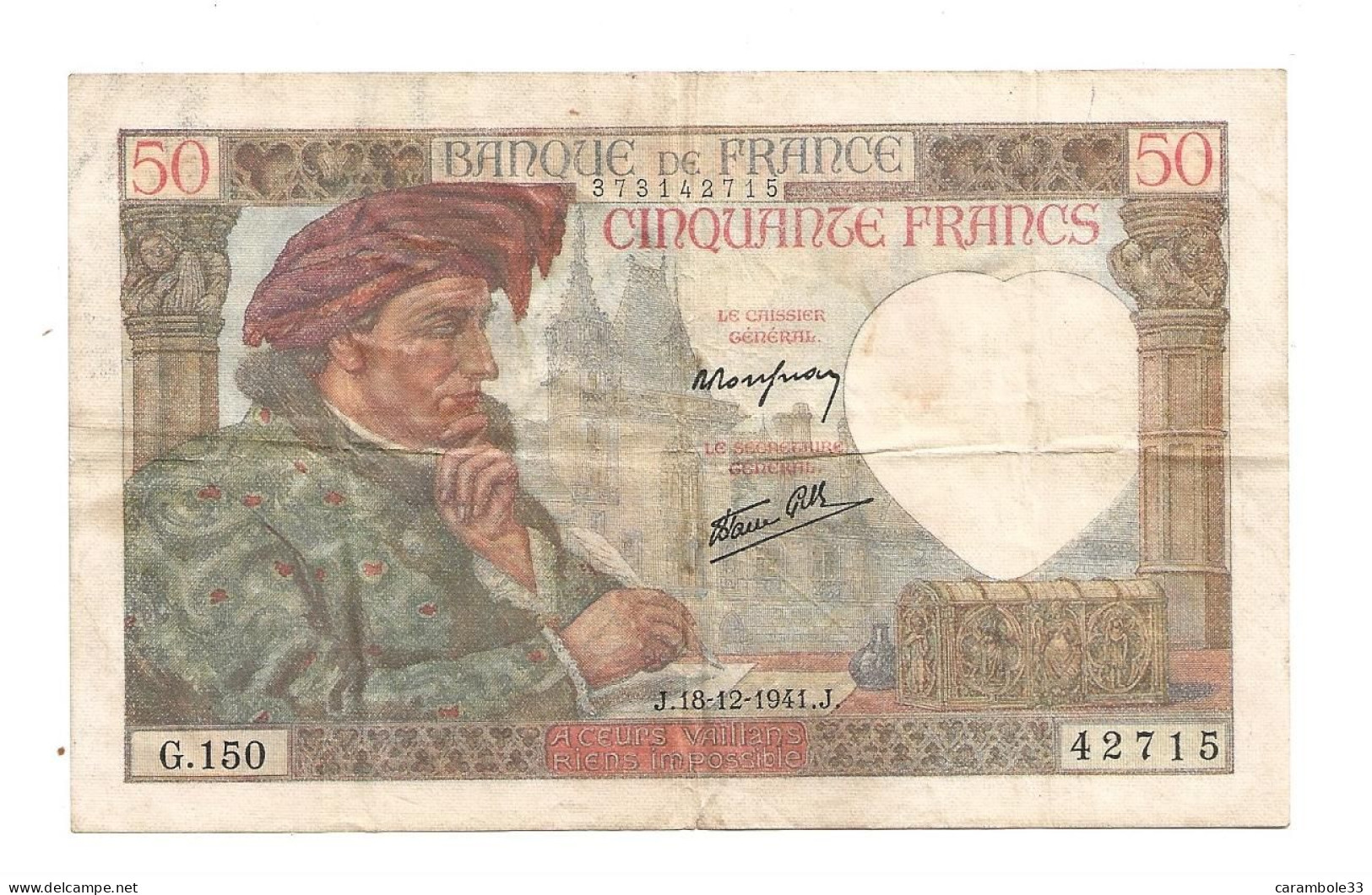 BILLET 50 Francs " Jacques Cœur "  J.18.12.1941.J. - 50 F 1940-1942 ''Jacques Coeur''