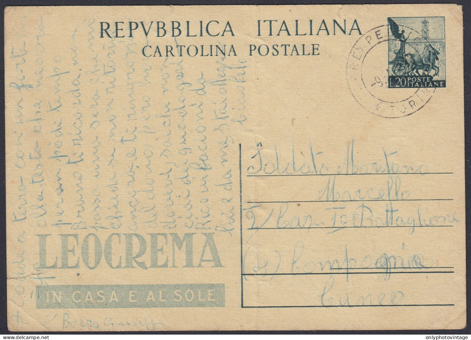 Intero Postale 1958 Da Torre Pellice (TO) Per Cuneo, Cartolina Pubblicitaria, Leocrema In Casa E Al Sole - Publicité