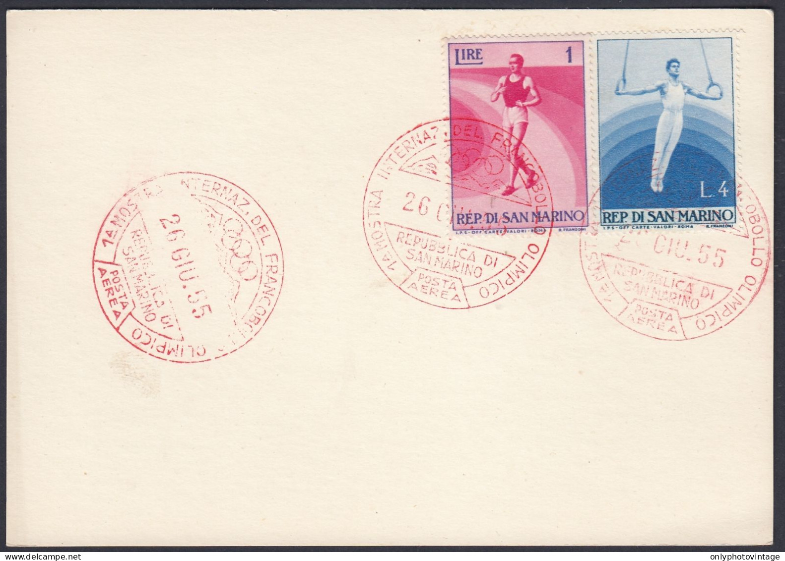 FDC Repubblica Di San Marino 1955, I Mostra Del Francobollo Olimpico, Annullo Filatelico - Manifestazioni