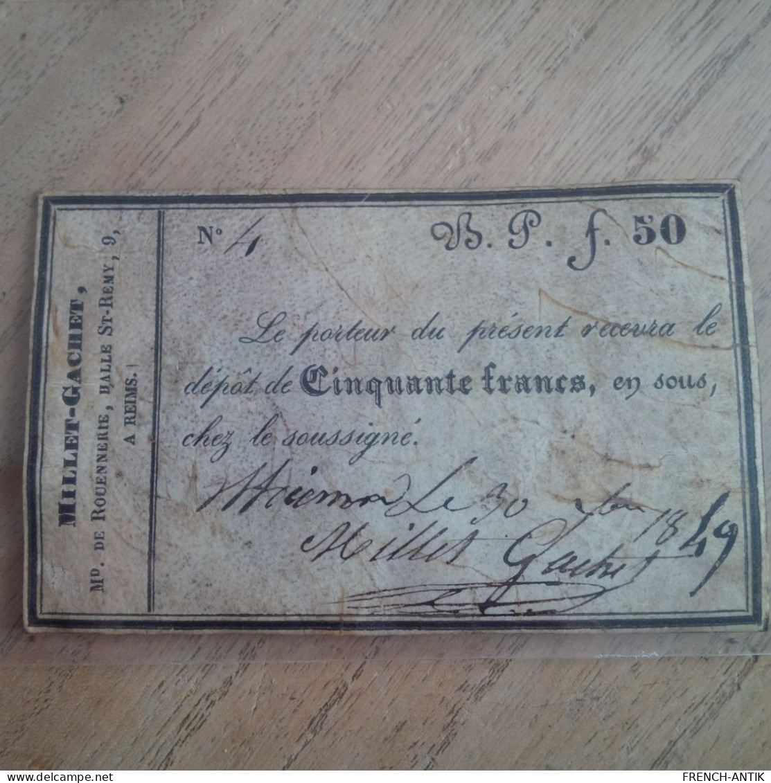 BILLET REIMS MILLET GACHET 1849 50 FRANCS - Autres - Europe