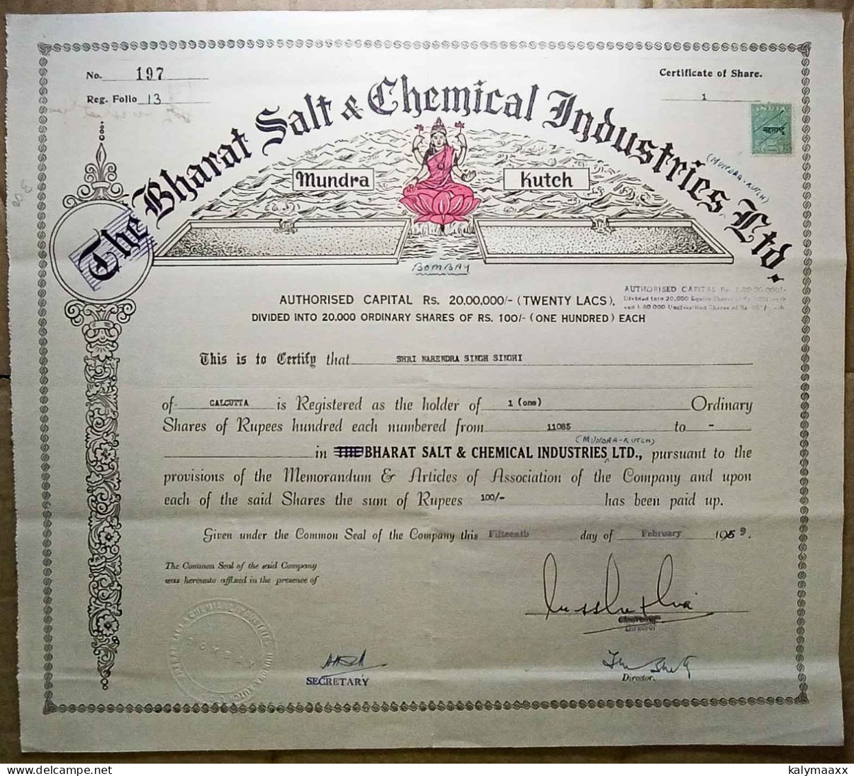 INDIA 1959 BHARAT SALT & CHEMICAL INDUSTRIES LTD., MUNDRA,KUTCH,....SHARE CERTIFICATE, "THE" OMITTED - Industrie