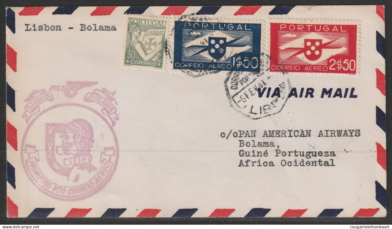 1941, First Flight Cover, Lisbon-Boloma - Sonstige & Ohne Zuordnung