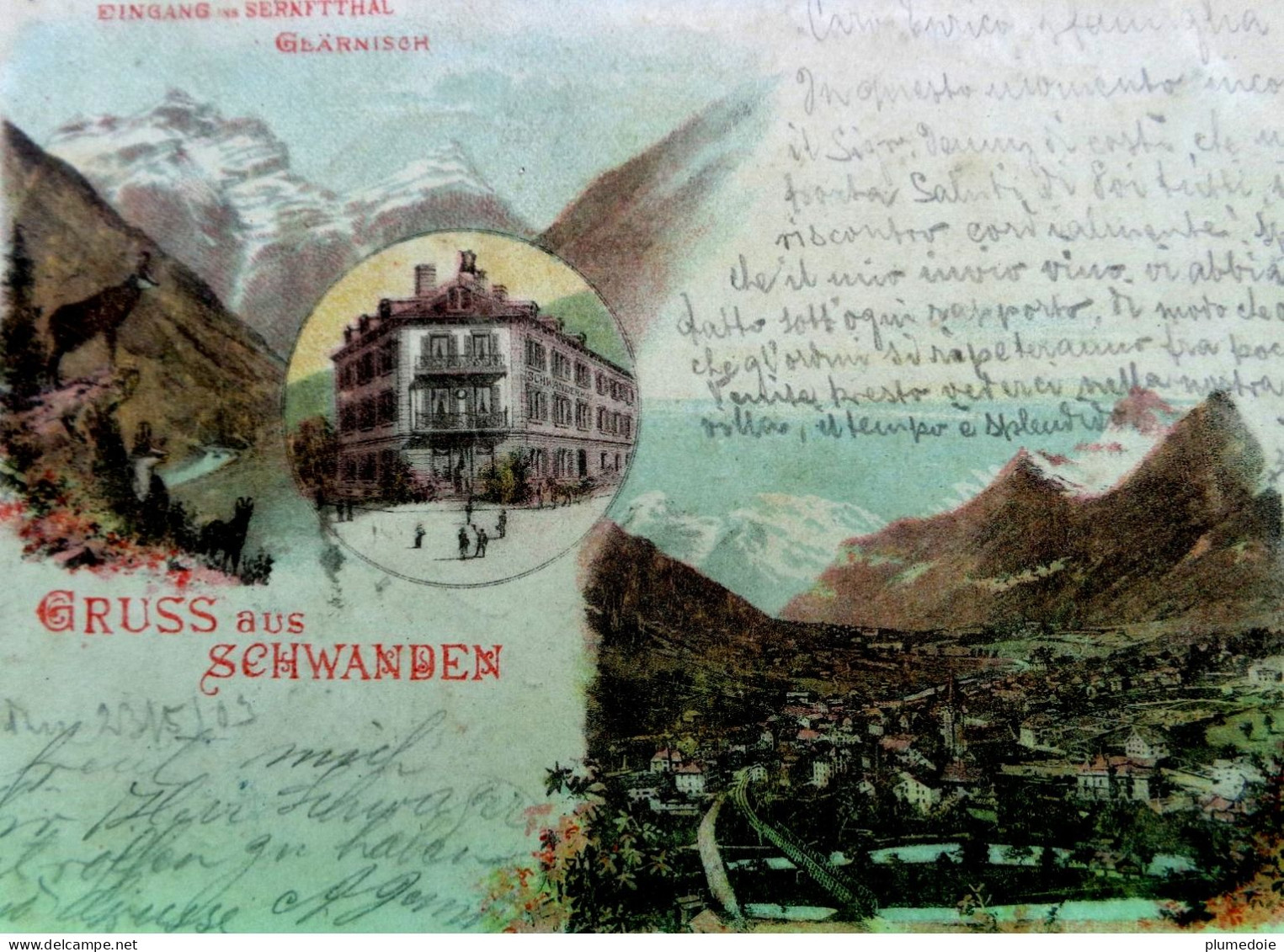 RARE Cpa SUISSE GRUSS AUS SCHWANDEN - LITHO . Eingang Ins Sernftthal Glärnish , 1903 GLARIS SWITZERLAND EARLY PC - Schwanden