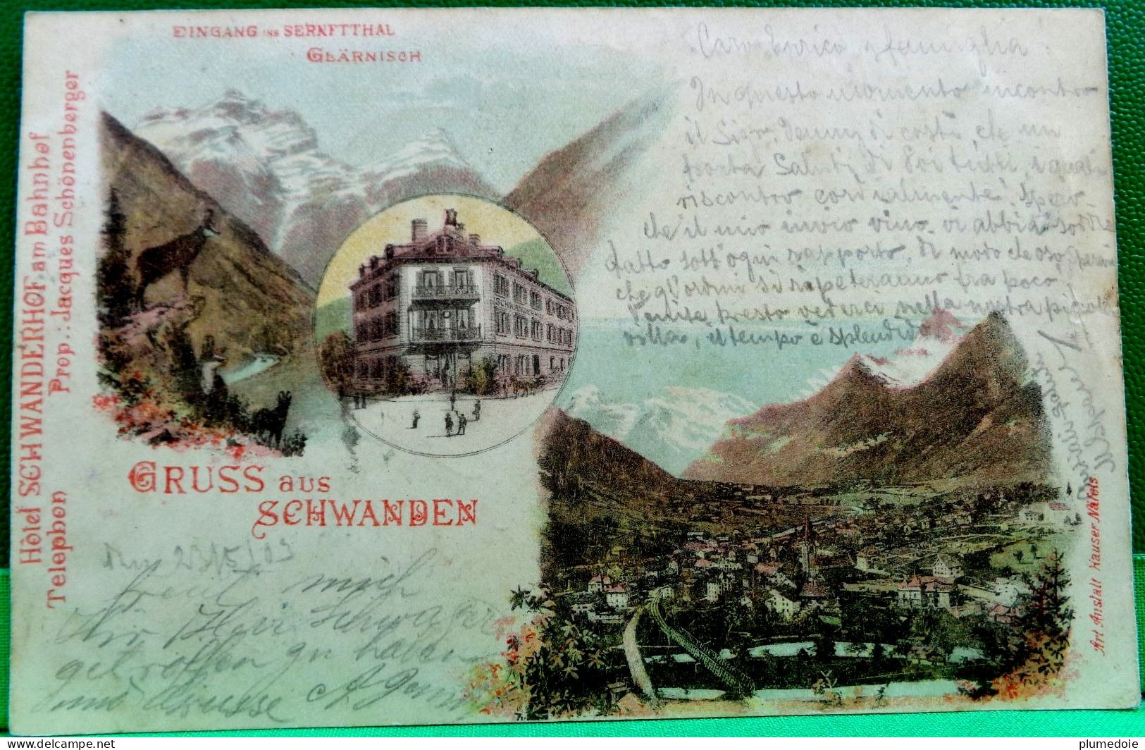 RARE Cpa SUISSE GRUSS AUS SCHWANDEN - LITHO . Eingang Ins Sernftthal Glärnish , 1903 GLARIS SWITZERLAND EARLY PC - Schwanden