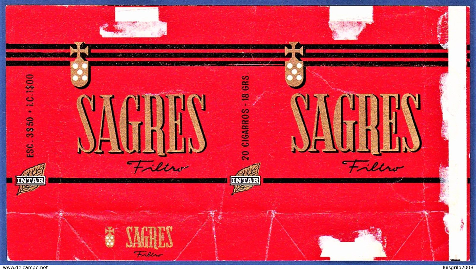 Portugal 1960/ 70, Pack Of Cigarettes - SAGRES Filtro, Intar . Sintra Lisboa -|- Esc. 3$50 + I.C.1$00 - Empty Tobacco Boxes