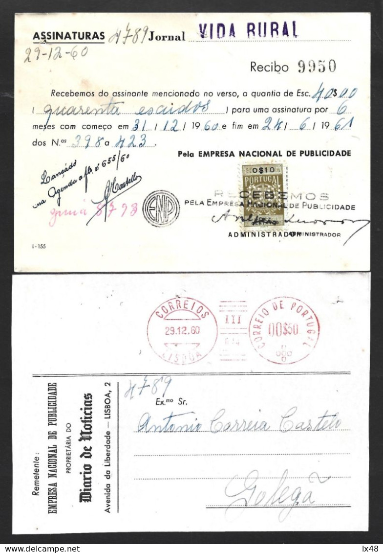 Raro Postal Franquia Mecânica Diário De Notícias 1960 Com Perfin (DN) Sobre Stamp Fiscal 0$10. Enviado Como Recibo ENP. - Briefe U. Dokumente