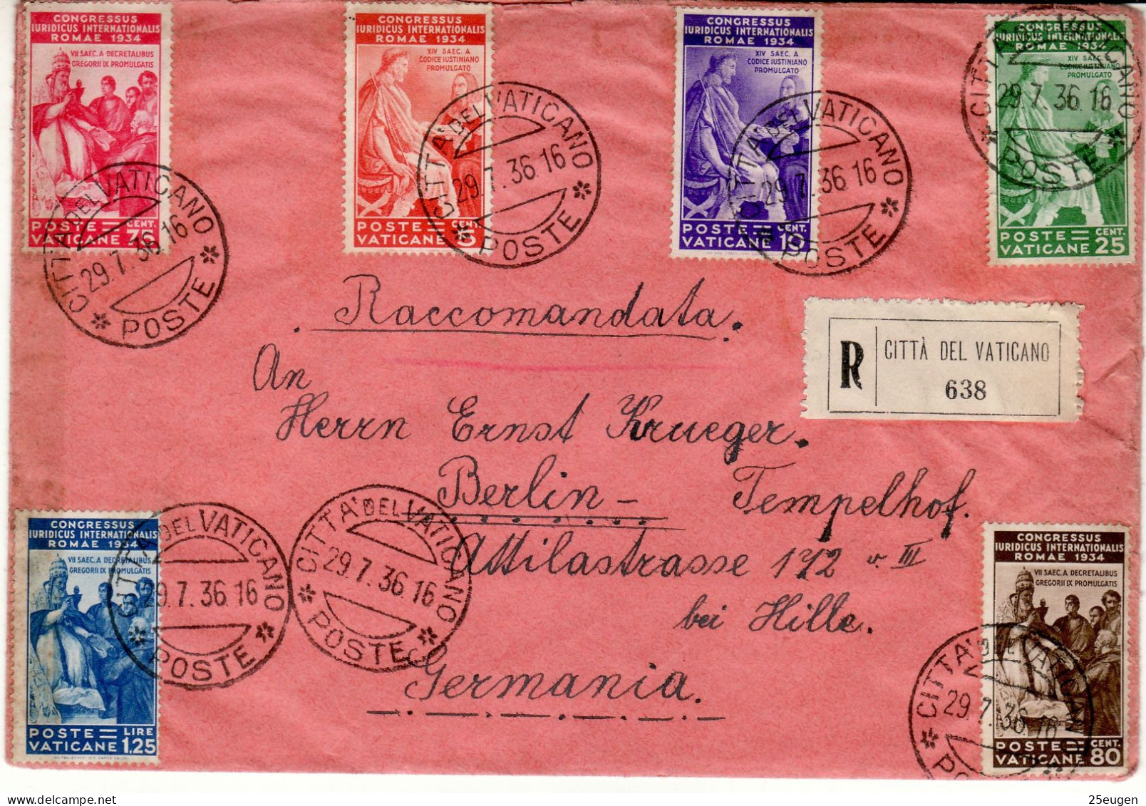 VATICAN 1936 R - LETTER  SENT FROM VATICAN  TO  BERLIN With Stamps MiNr 45-50 - Brieven En Documenten