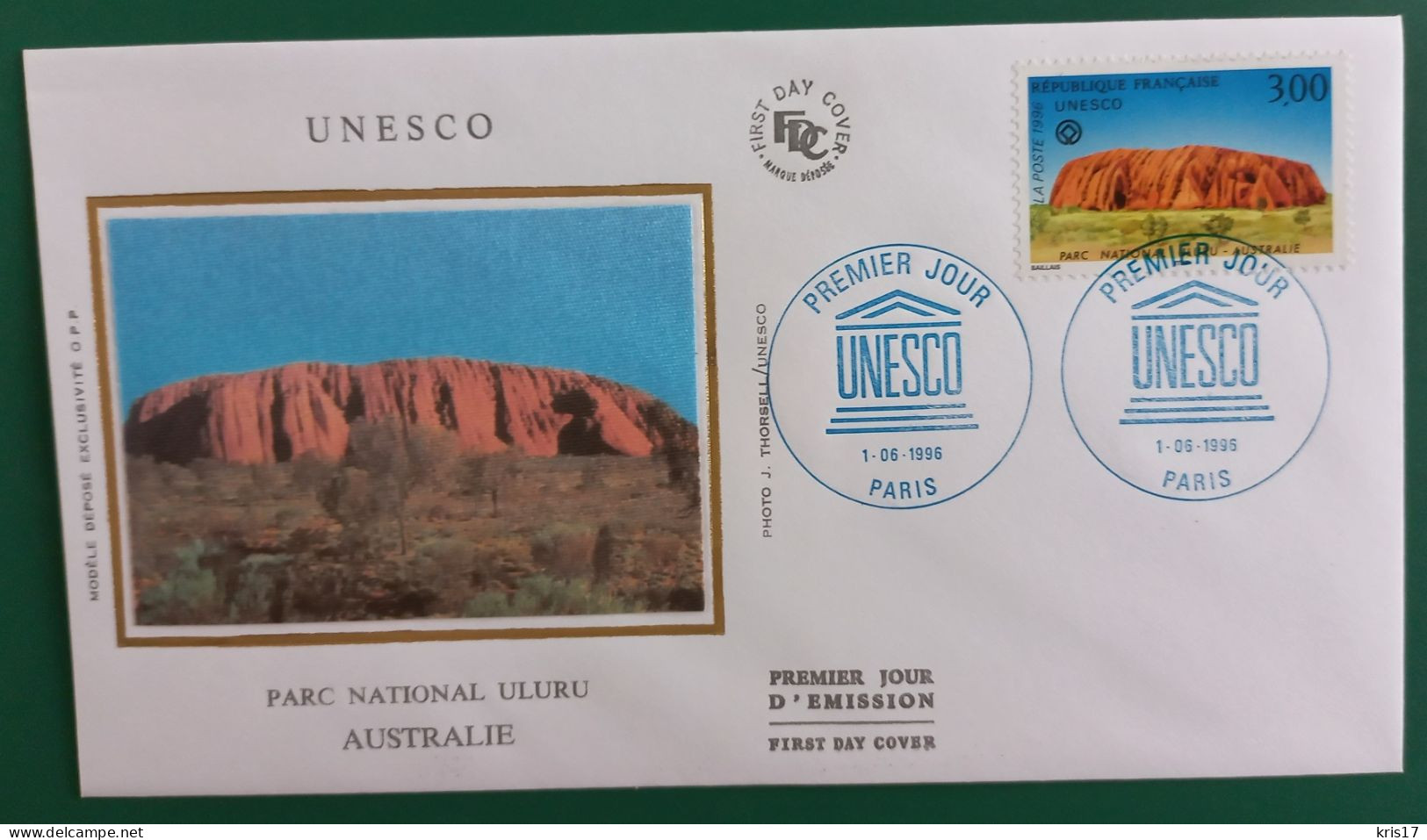 (FDC)(FR160) Enveloppe 1er Jour 1996 UNESCO Parc ULURU AUSTRALIE Cachet PARIS - Covers & Documents