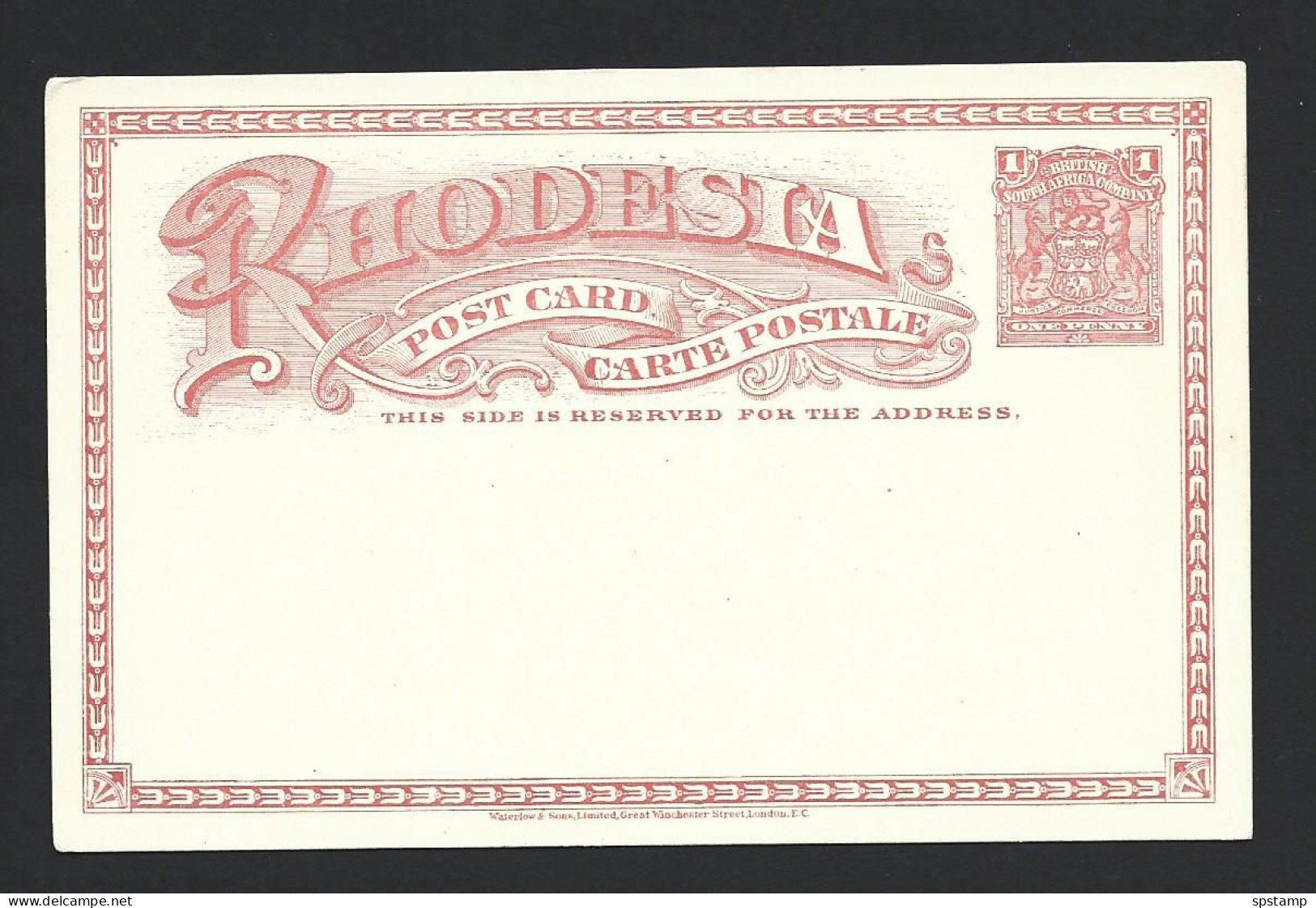 Rhodesia 1899 Reply Paid Post Card Address Half Only Larger Stylised Font 1d Dull Red BSAC Printed Franking Fine Unused - Southern Rhodesia (...-1964)