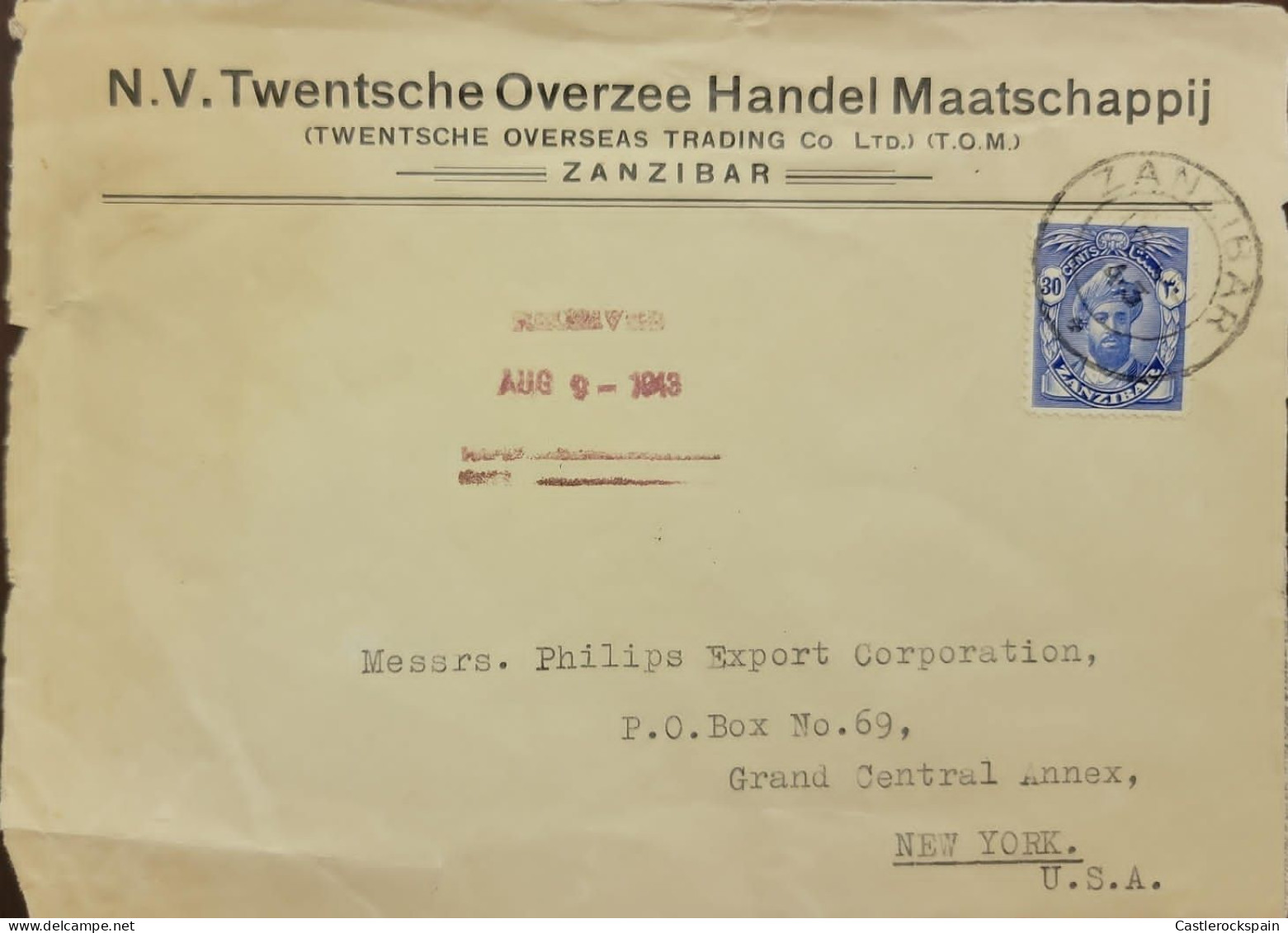 O) 1943 ZANZIBAR, SULTAN KHALIFA BIN HARUB 30c Ultra. N.V. TWENTSCHE OVERZEE, CIRCULATED TO USA - Zanzibar (1963-1968)