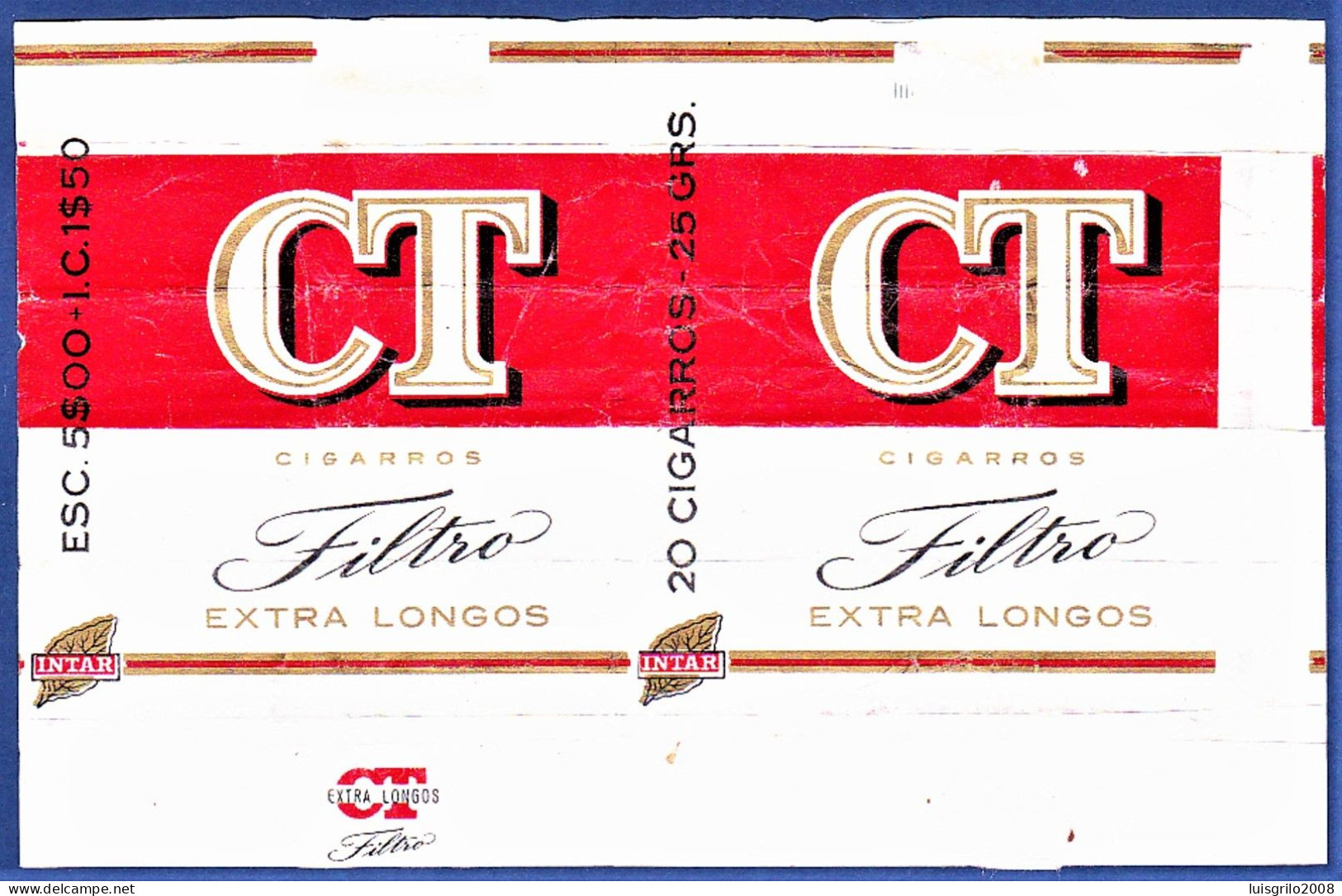 Portugal 1960/ 70, Pack Of Cigarettes - CT Filtro Extra Longos, Intar . Sintra Lisboa -|- Esc. 5$00 + I.C. 1$50 - Empty Tobacco Boxes