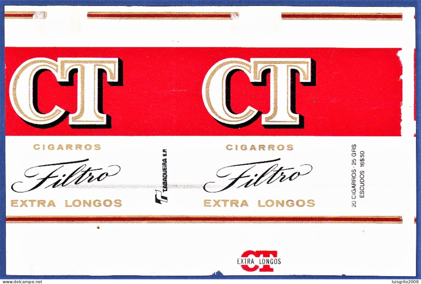 Portugal 1960/ 70, Pack Of Cigarettes - CT Filtro Extra Longos, A Tabaqueira, Lisboa -|- 20 Cigarros.26 Grs. Esc. 16$50 - Cajas Para Tabaco (vacios)