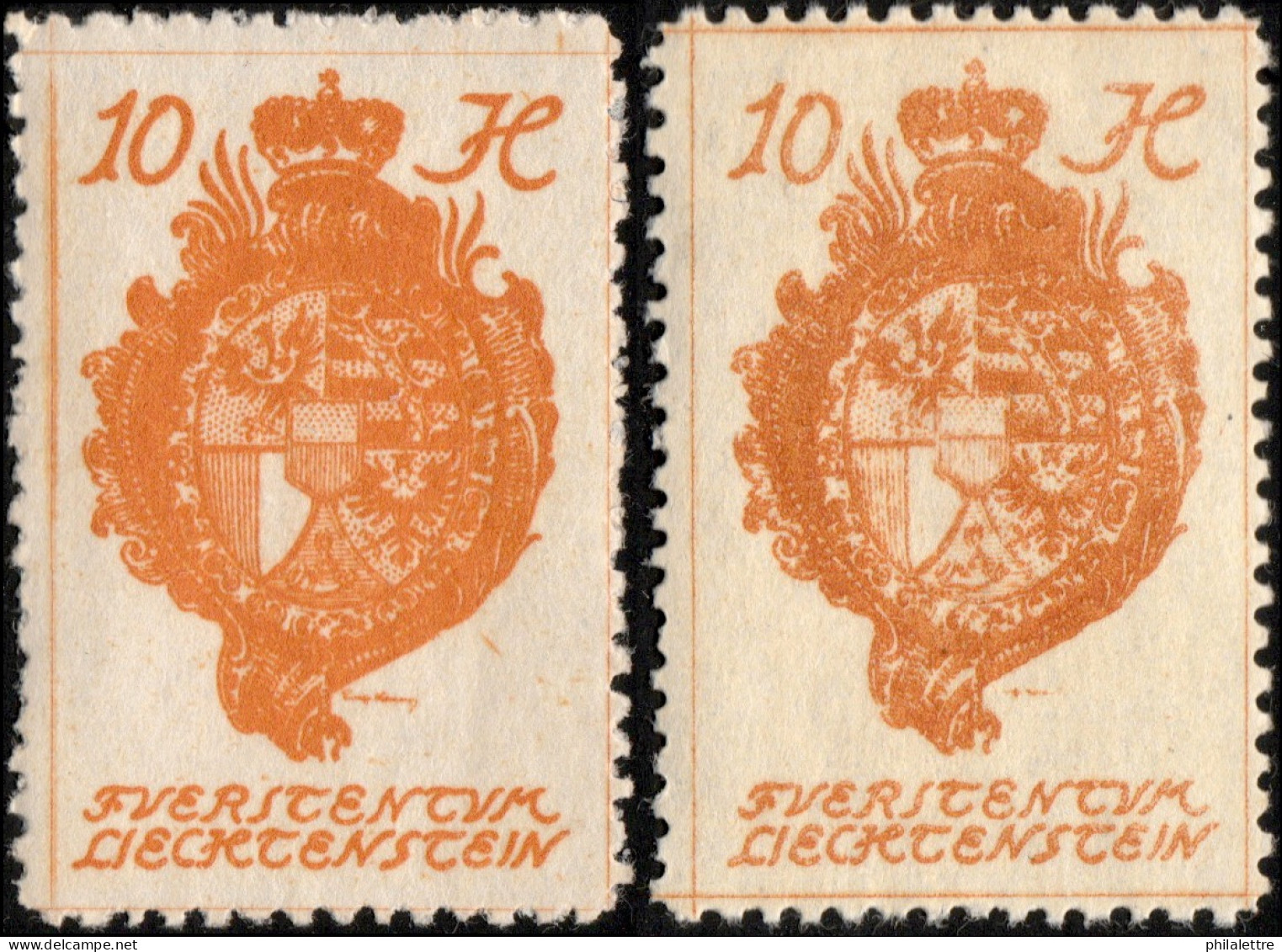 LIECHTENSTEIN - 1920 - 2x Mi.26 - 10h Red-orange (shades) - Mint** - Unused Stamps