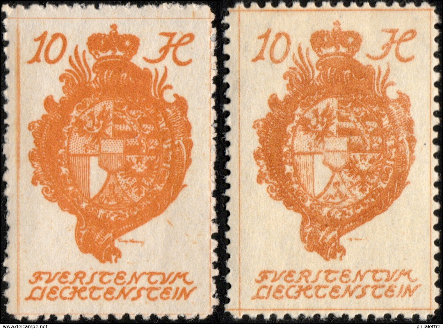 LIECHTENSTEIN - 1920 - 2x Mi.26 - 10h Red-orange (shades) - Mint** - Neufs