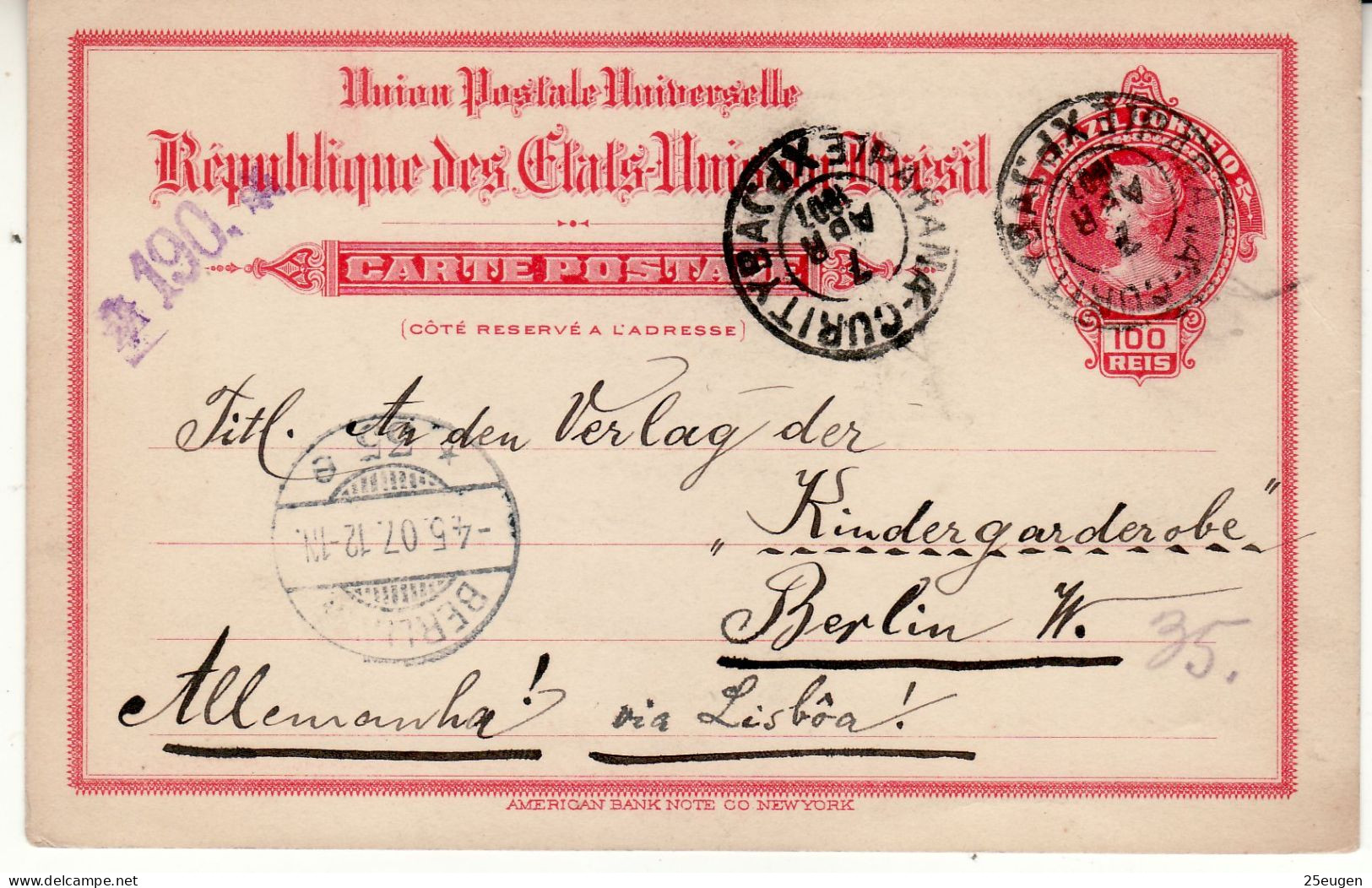 BRAZIL 1912  POSTCARD  SENT FROM CURITYBA TO BERLIN - Brieven En Documenten