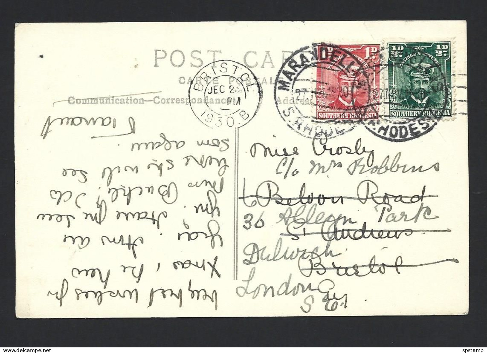 Rhodesia 1930 PPC From Marandellis To Bristol UK And Readdressed To London , 2 Colour Franking - Southern Rhodesia (...-1964)