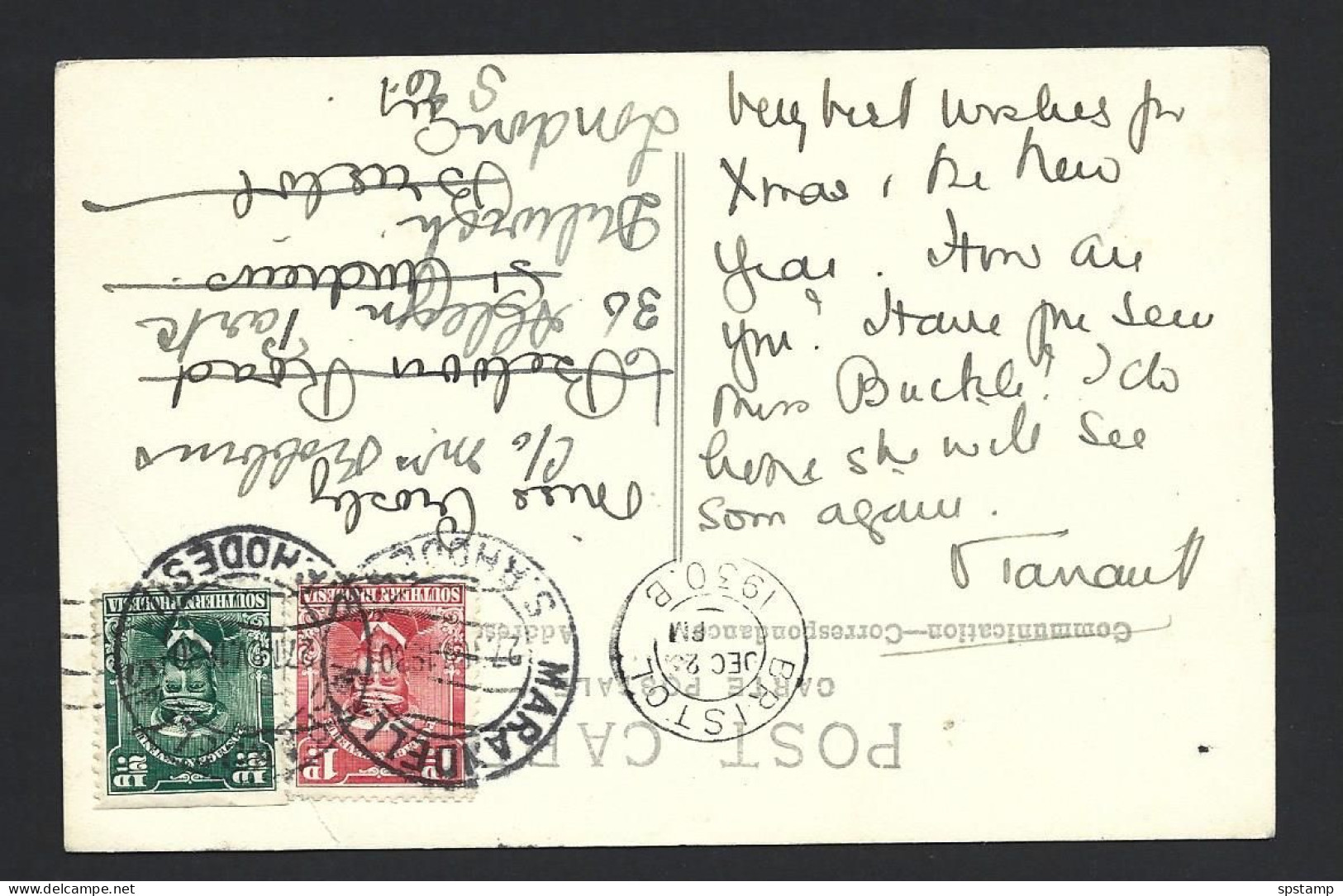 Rhodesia 1930 PPC From Marandellis To Bristol UK And Readdressed To London , 2 Colour Franking - Southern Rhodesia (...-1964)