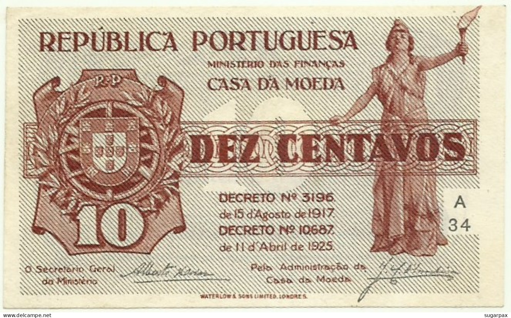 Portugal - CÉDULA 10 Centavos - 11.04.1925 - Pick: 101 - AUnc. - M.A. 10 - Serie A34 - Casa Da Moeda - Portugal