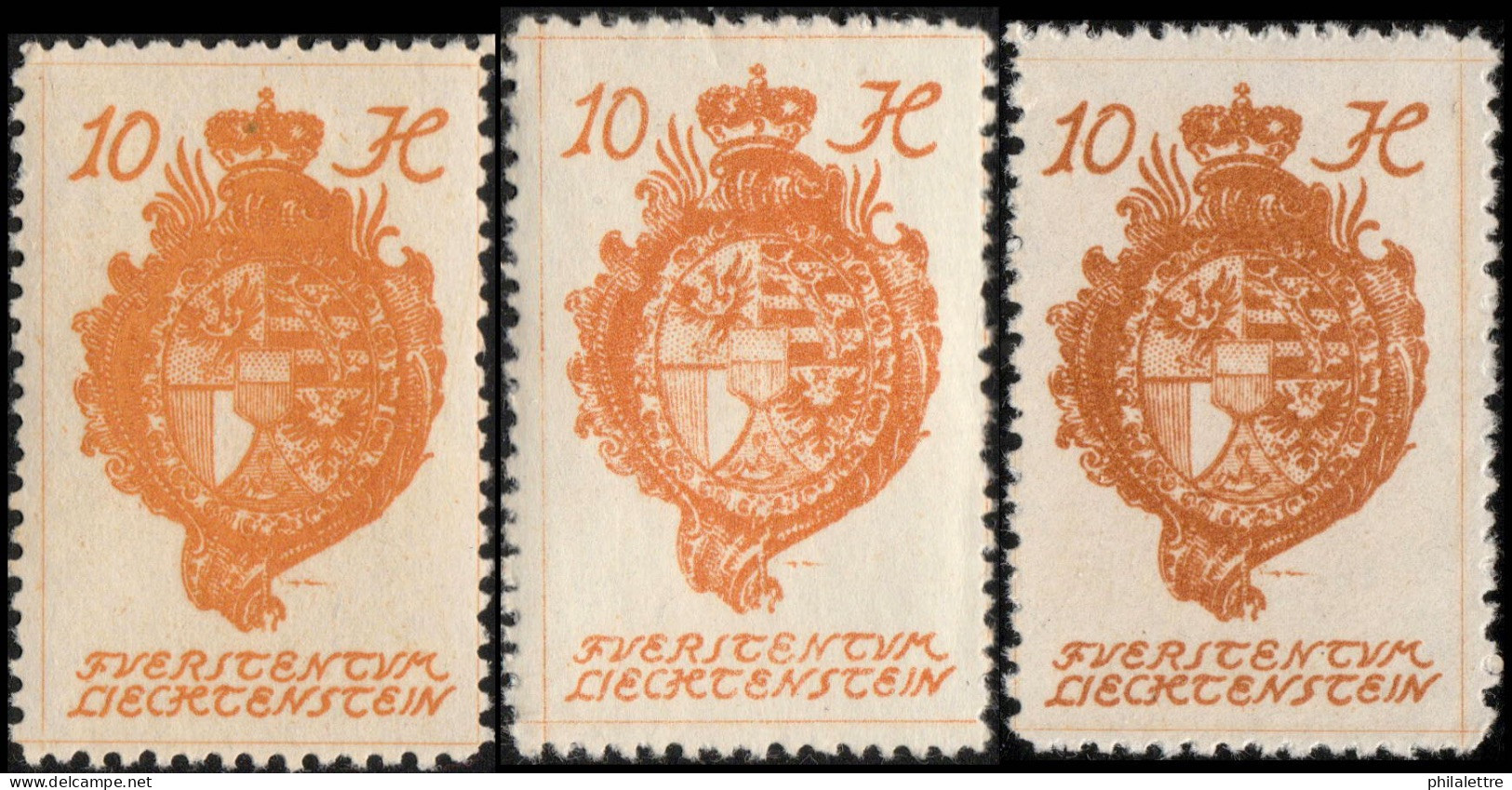 LIECHTENSTEIN - 1920 - 3x Mi.26 - 10h Red-orange (shades) - Mint** - Unused Stamps