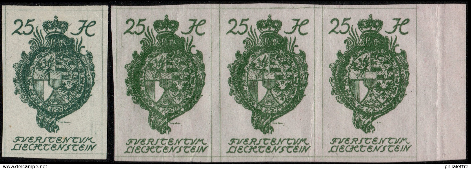 LIECHTENSTEIN - 1920 Mi.21 25h Dark Green Strip Of 3 & Single - Shades - Mint ** - Neufs