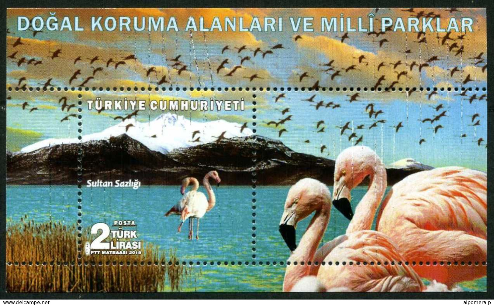 Türkiye 2018 Mi 4459 MNH Flamingos | National Parks, Bird, Flamingo, Lake, Mountain [Block 184] - Flamingo's