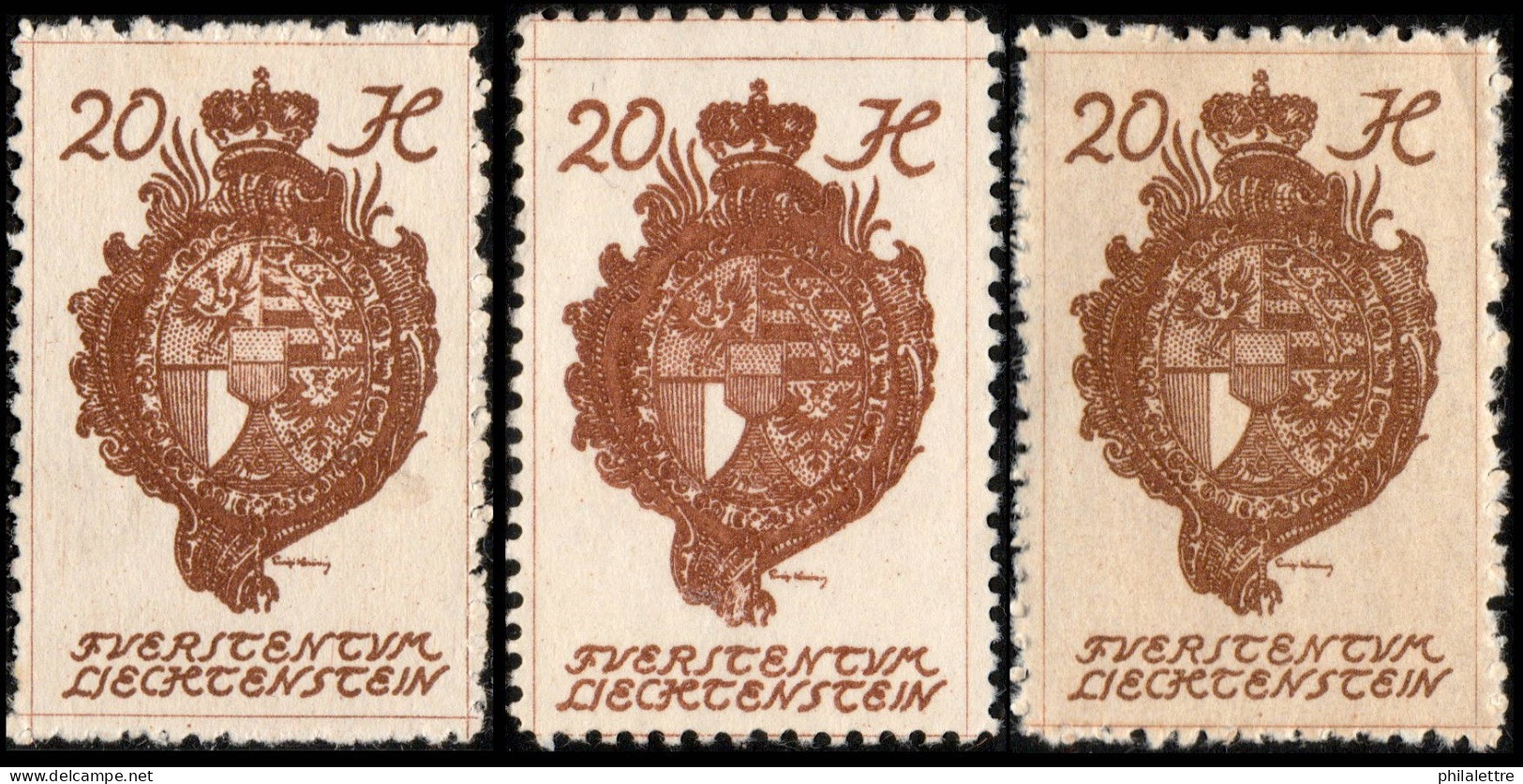 LIECHTENSTEIN - 1920 - 3x Mi.28 - 20h Reddish Brown (shades) - Mint** (b) - Unused Stamps