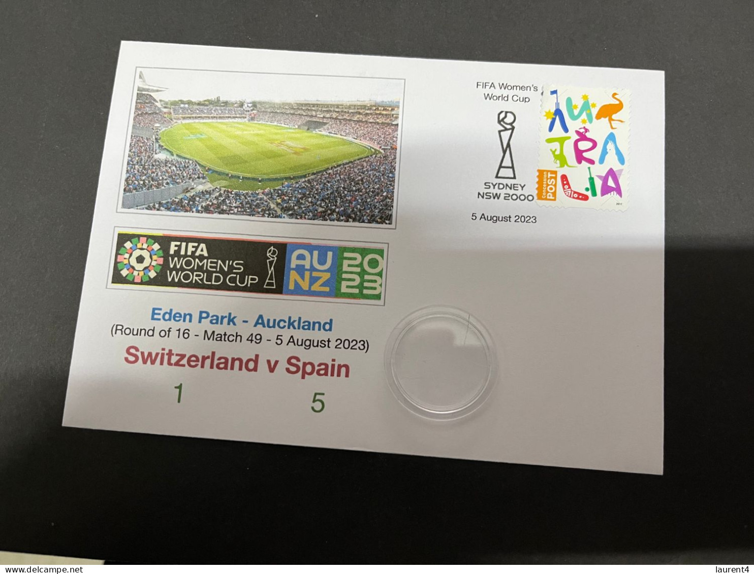 6-8-2023 (1 T 37) FIFA Women's Football World Cup Match 49 (stamp + $ 1.00 Cion) Switzerland (1) V Spain (5) - Dollar