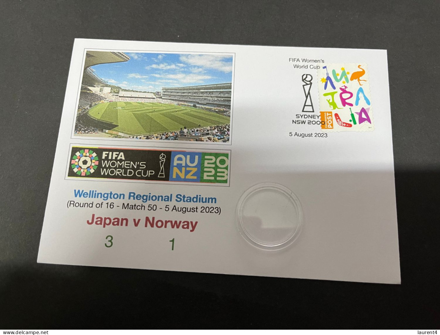 6-8-2023 (1 T 37) FIFA Women's Football World Cup Match 50 (stamp + $ 1.00 Coin) Japan (3) V Norway (1) - Dollar