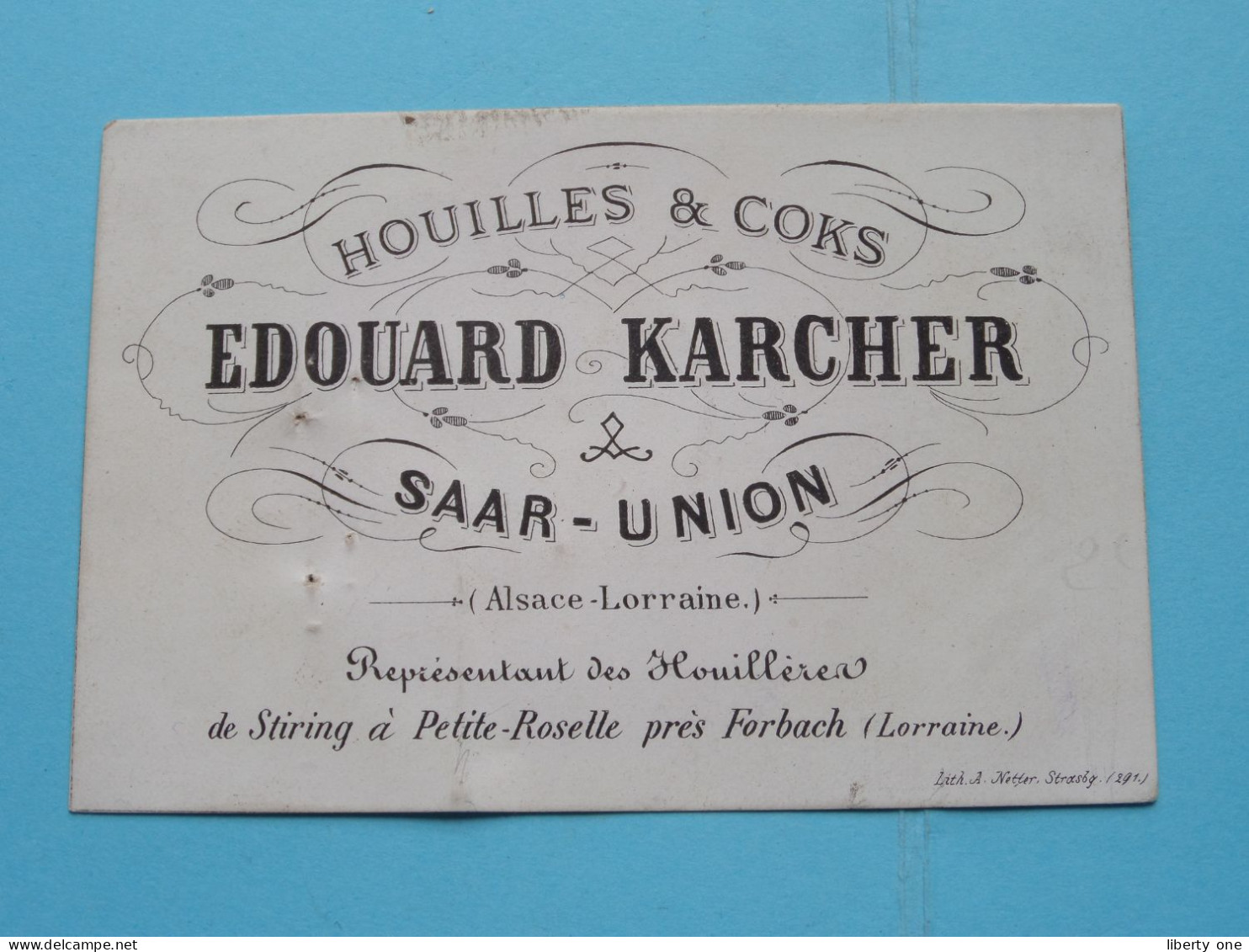 Houilles & Coks EDOUARD KARCHER Saar-Union Alsace-Lorraine ( Zie/Voir Scans ) ( Format 9,5 X 6,5 Cm.) Porcelaine ! - Visitekaartjes