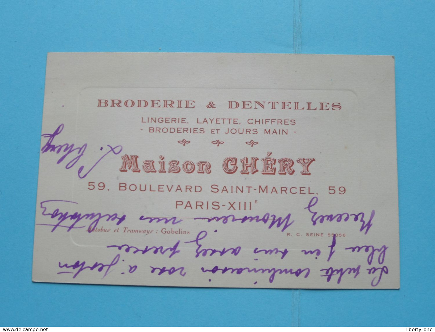 Broderie & Dentelles " Maison Chéry " 59 Blvd St. MARCEL à PARIS XIIIe France ( Zie/Voir Scans ) ( Format 12 X 8 Cm.) ! - Cartes De Visite