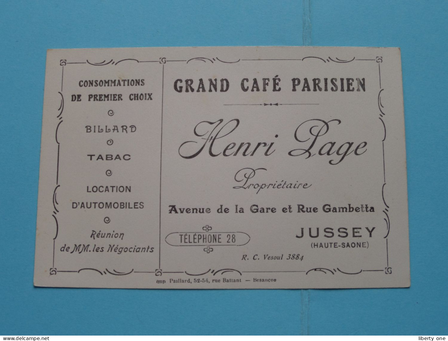 HENRI PAGE ( Prop.) Grand Café Parisien à JUSSEY - H.Saône France ( Voir Scans ) ( Format 12 X 8 Cm.) ! - Visiting Cards