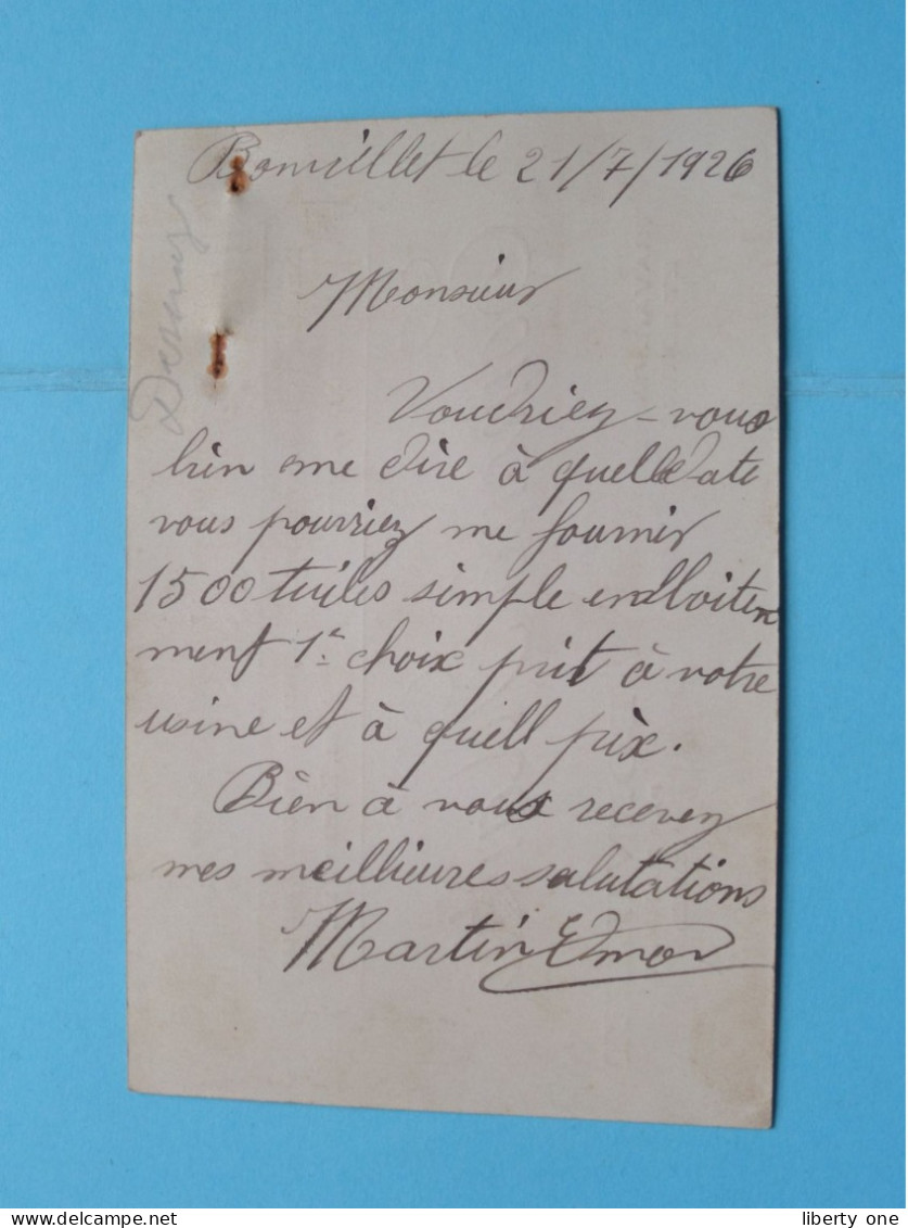 EDMOND MARTIN (Charpentes) à BONVILLET Par Darney (Vosges) France ( Voir Scans ) 1926 ( Format 12 X 8 Cm.) ! - Visiting Cards