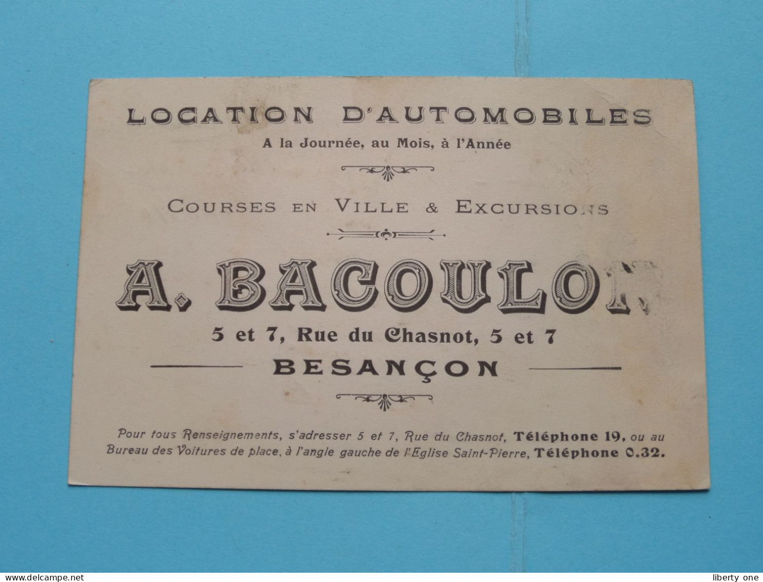 A. BACOULON ( Location D'Automobiles) à Besançon France ( Voir Scans ) ( Format 12 X 8 Cm.) ! - Visiting Cards