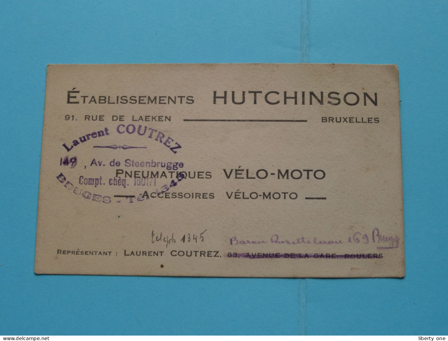 Ets. HUTCHINSON ( Laurent COUTREZ ) VELO-MOTO - Rue De Laeken 91 à BRUXELLES ( Voir Scans ) ( Format 12 X 7 Cm.) ! - Cartes De Visite