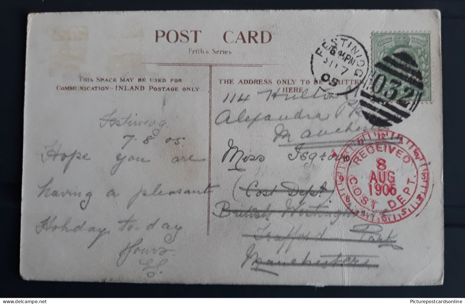 FESTINIOG NUMERAL DUPLEX 032 POSTMARK ON POSTCARD  WITH RECIEVED COST DEPT RED POST 8TH AUGUST 1906 - Sin Clasificación