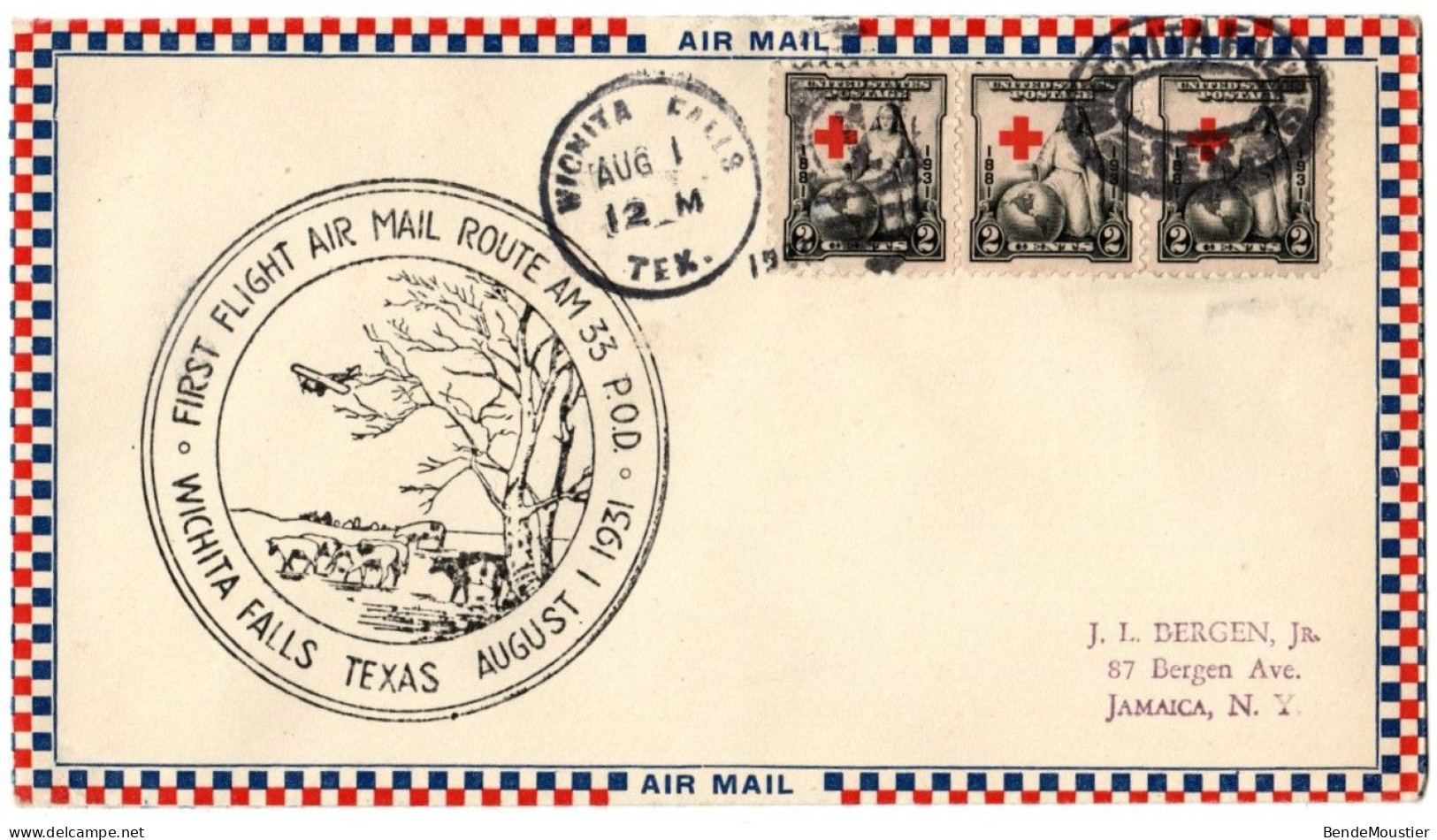 (R102) USA  # Scott  3 X # 702 - First Flight Air Mail Route AM 33 P.O.D. - Wichita Falls Texas 1931 - Red Cross. - 1c. 1918-1940 Lettres