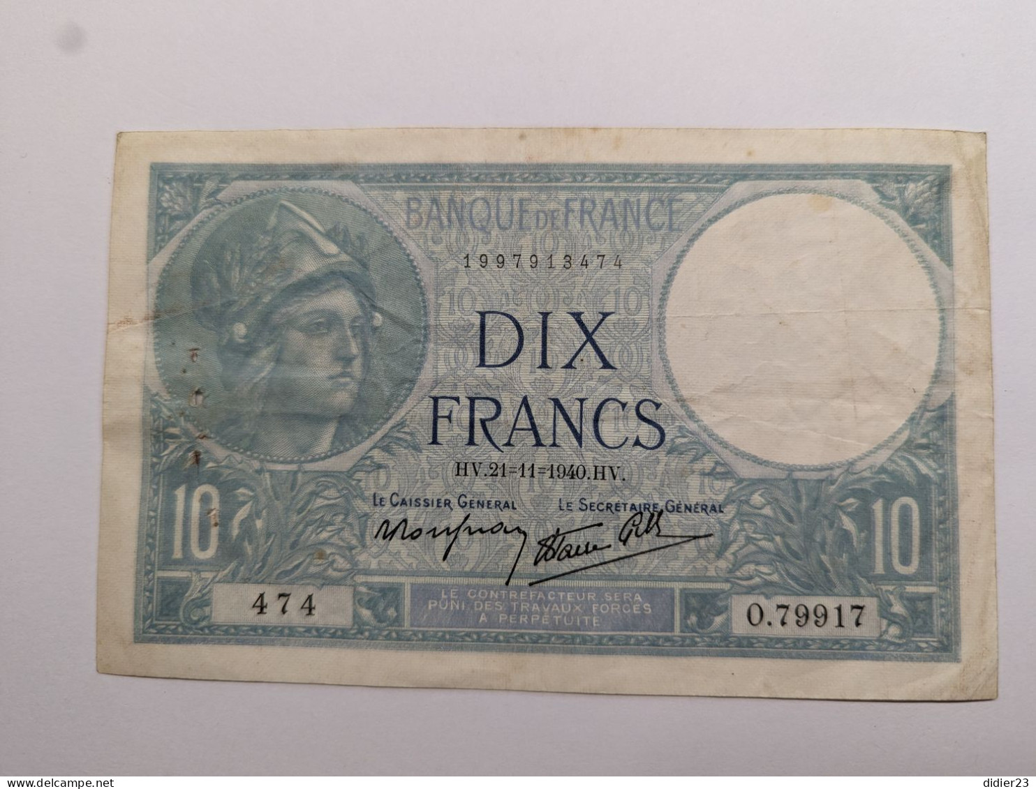 BILLET DE BANQUE FRANCE 10 FRANCS MINERVE - 10 F 1916-1942 ''Minerve''