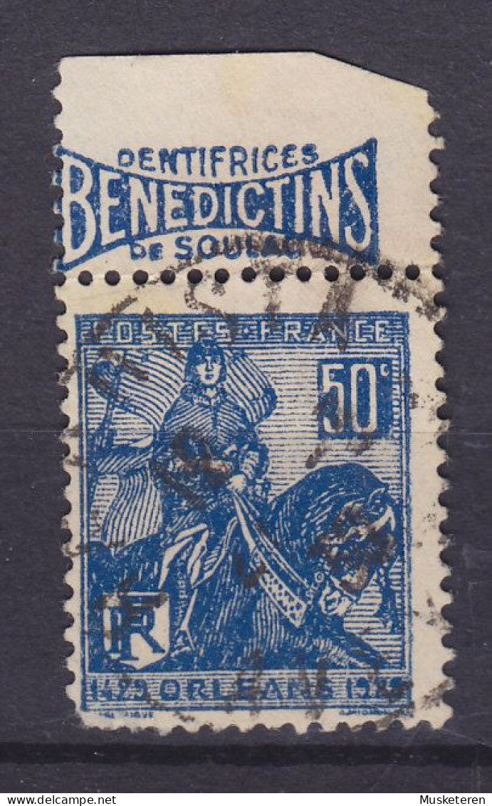 France Mi. 257, 50c. Jeanne D'Arc Avec Bande Pub. 'DENTIFRICE BENEDICTINS DE SOULAC' (2 Scans) - Gebruikt