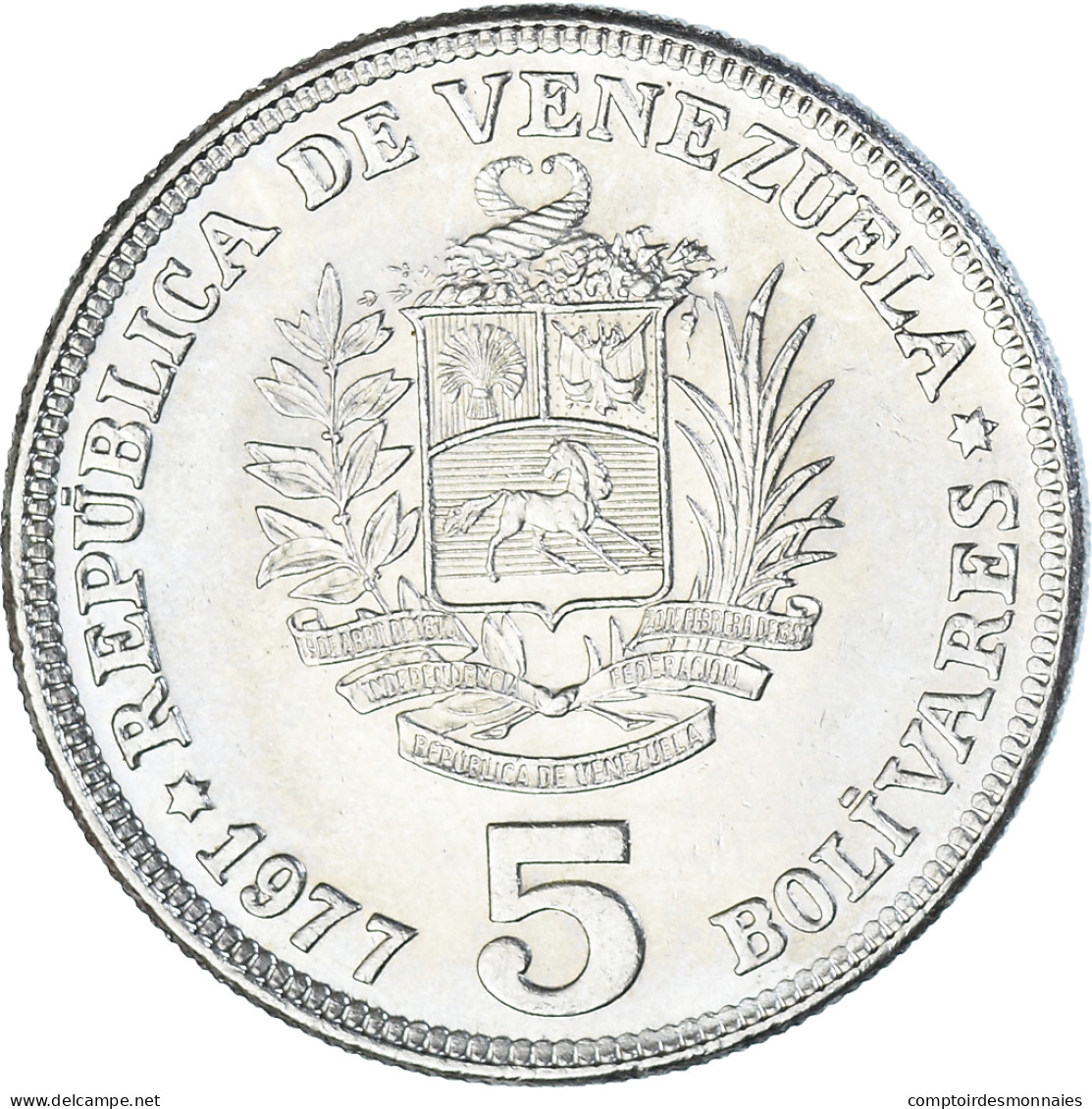 Monnaie, Venezuela, 5 Bolivares, 1977 - Venezuela