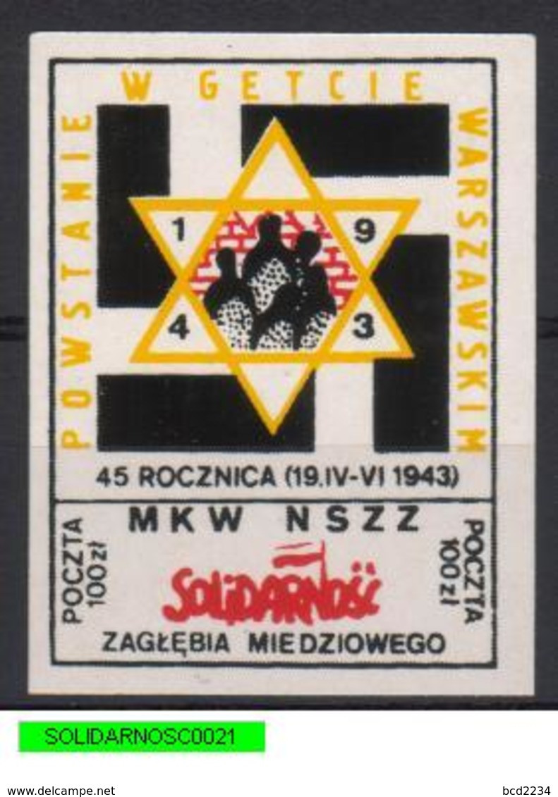 POLAND SOLIDARNOSC SOLIDARITY 1988 45TH ANNIV WARSAW GHETTO UPRISING 1943 AGAINST NAZI GERMANY WW2 JUDAICA STAR OF DAVID - Solidarnosc Labels